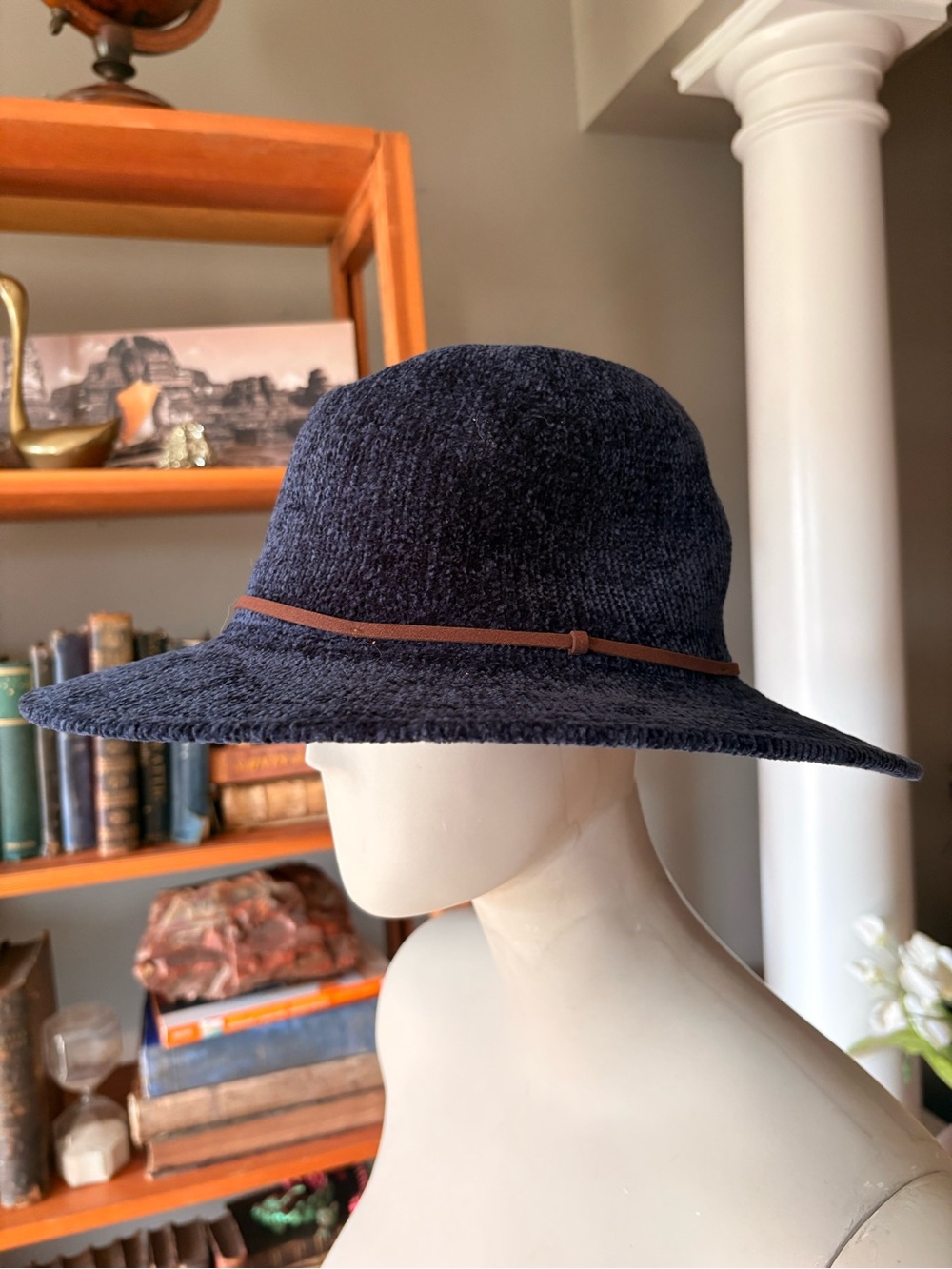 Wide-Brim Women's Navy Sun Hat with Brown Trim